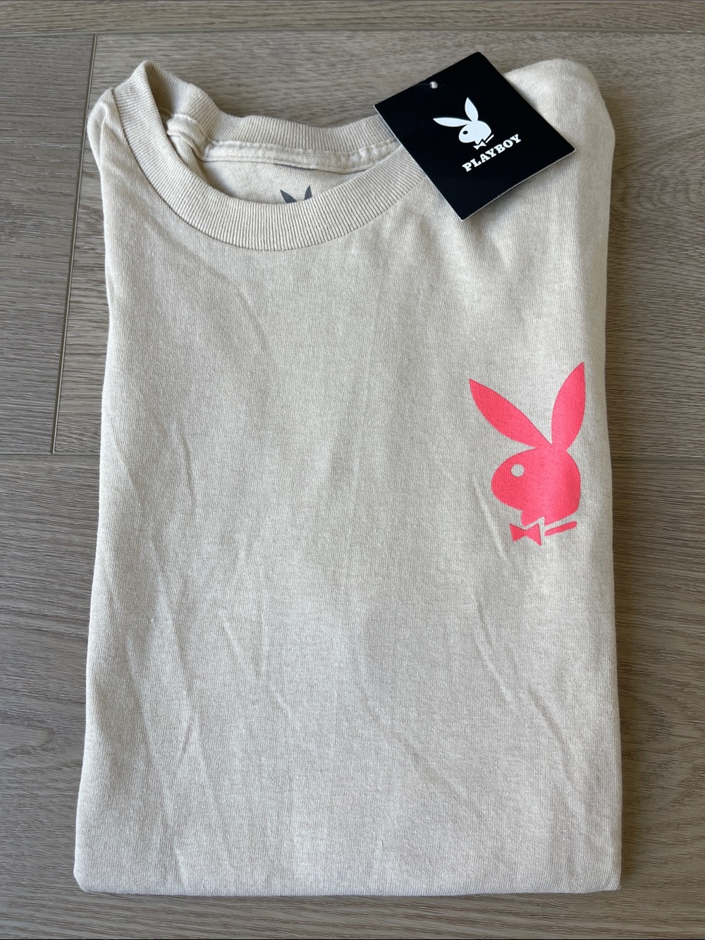PLAYBOY Cream Tee with Pink Bunny Logo 100% cotton